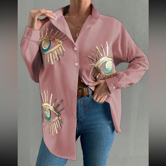 Accessories - Boho pink blue eye embroidered button down long sleeve shirt